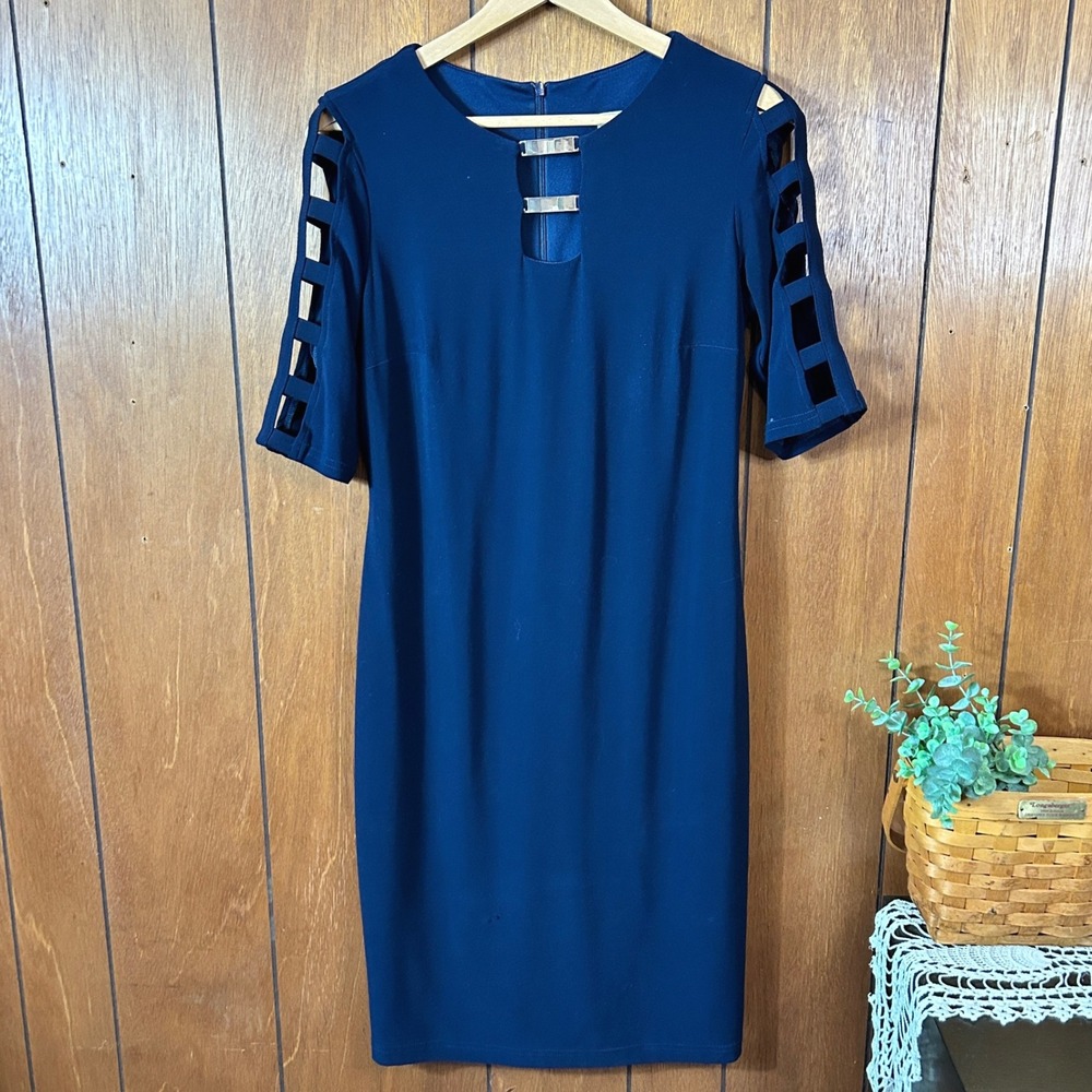 Vintage Joseph Ribkoff Navy Blue Sheath‎ Dress Cutout Neckline Designer Size 8
